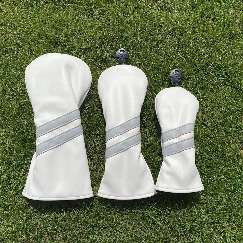 3pcs Golf Wood Head Covers Headcovers Set Includes Driver Headcover fits up to 460cc Drivers, Rotatable Golf Fairway Wood Headcover and Hybrid Head Cover (White| Grey Stripes)