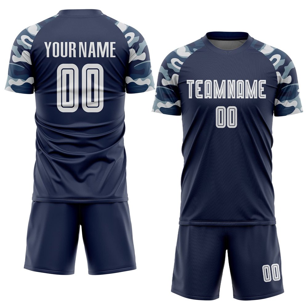 Design Your Own Navy Blue Soccer Jerseys, Custom Camouflage Short Sleeve Football Team Uniforms, Personalized Womens Mens Boys Teens Printed Pullover Practice Outfit Set Casual Pullover Tee Shirts