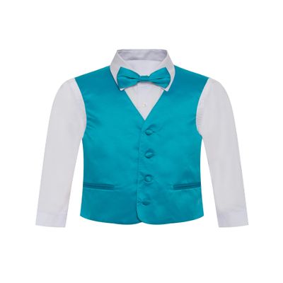 Boy's Premium Solid Formal Vest - Necktie Bow Tie Three Piece Set for Suits & Tuxedos - Many Colors (6, Turquoise)