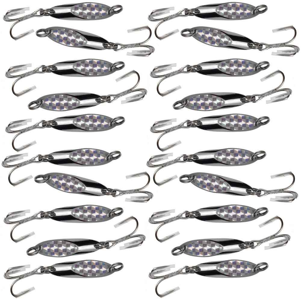 20pcs Fish WOW! 1/2oz Fishing Kast Spoon with a Treble Hook 0.5oz Fish Chrome Jig Bait Lures Holographic Laser Silver Tape Kast Master Style Champ Spoons