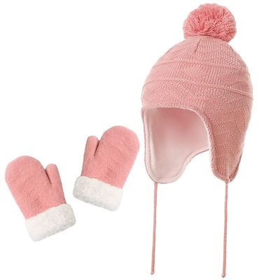 Baby Toddler Kids Girls Hats and Gloves Set Winter Knit Earflap Beanie Mitten Warm Fleece Cap Shrimp Meal