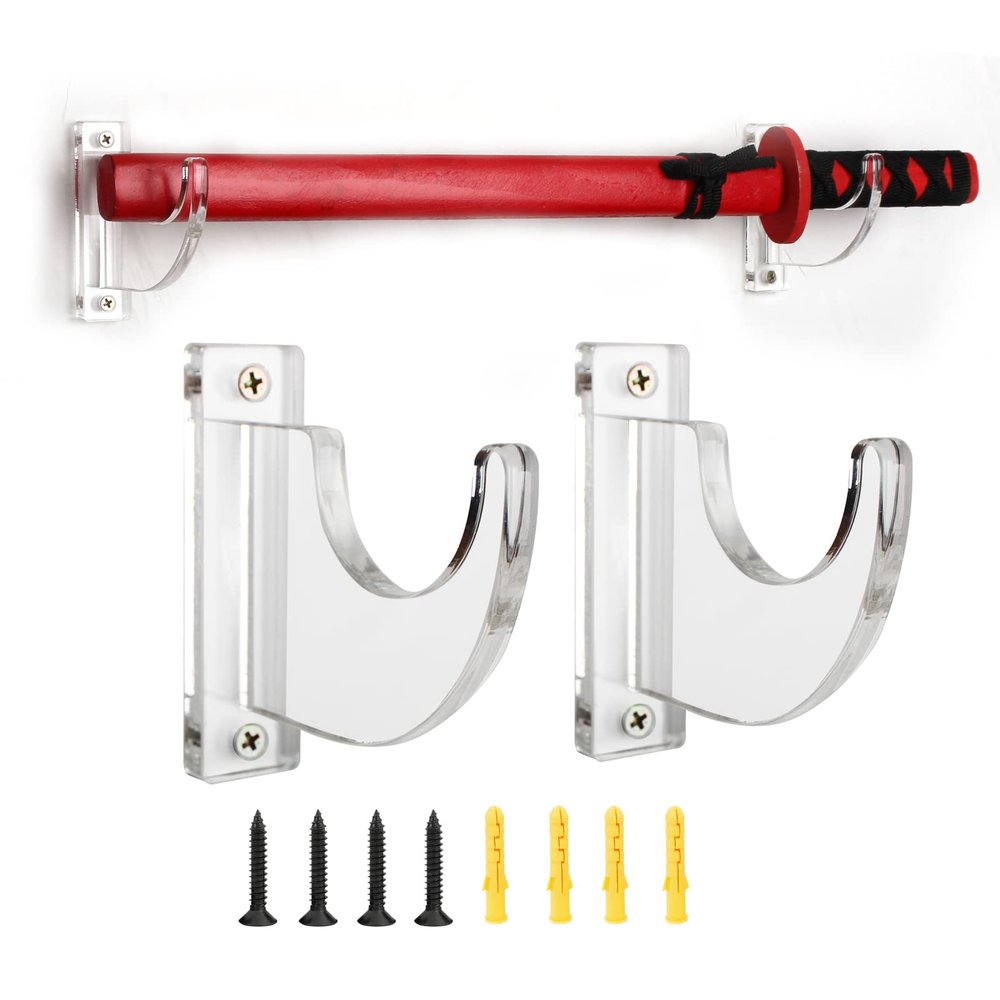 WANLIAN Sword Wall Mount Display Hooks Acrylic Sword Holder Katana Wall Stand for Lightsaber, Katana, Demon Slayer Samurai Sword Hanger Weapon Rack (2 Pair, Clear)