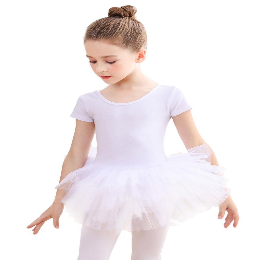 EASTBUDDY Ballet Dress for Girls,Toddler Dance Leotard with Tutu Skirt Short Sleeve Ballerina Outfit (White/4-5 Years)