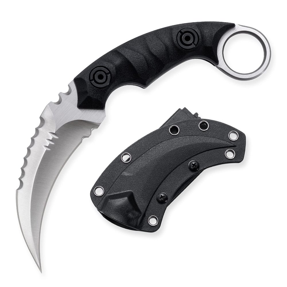 OOULORE Fixed Blade Knife, D2 Steel Blade, G10 Handle, Tactical EDC, Double Edged, Claw Knife, Utility for Outdoor Survival, Hiking, Camping with Kydex Sheath OK1212 (Black/Silver)
