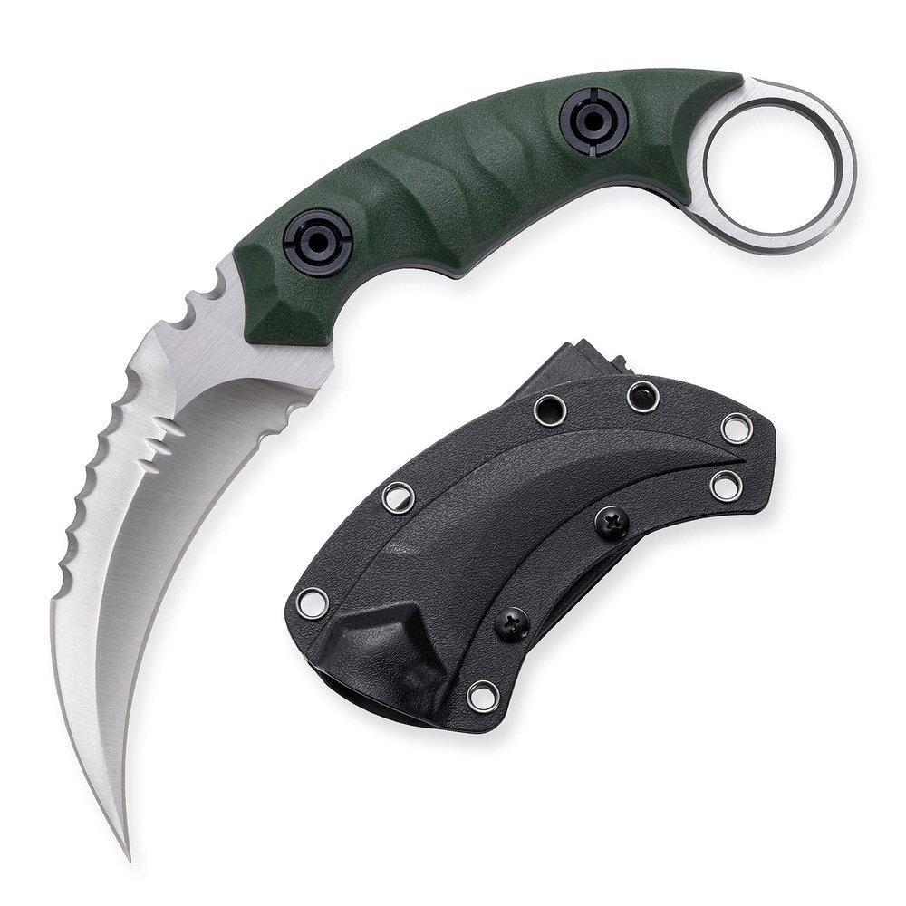 OOULORE Fixed Blade Knife, D2 Steel Blade, G10 Handle, Tactical EDC, Double Edged, Claw Knife, Utility for Outdoor Survival, Hiking, Camping with Kydex Sheath OK1212 (Green/Silver)