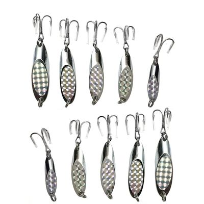 10pcs 5-Size Fish WOW! Fishing Kast Spoon with a Treble Hook 1/2oz, 3/4oz, 1oz, 1-1/2oz, 2oz Fish Chrome Jig Bait Lures Holographic Laser Silver Tape Kast Master Style Champ Spoons