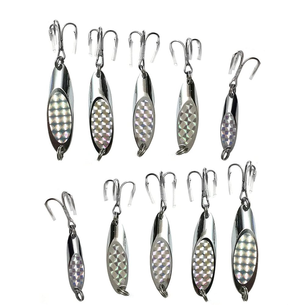 10pcs 5-Size Fish WOW! Fishing Kast Spoon with a Treble Hook 1/2oz, 3/4oz, 1oz, 1-1/2oz, 2oz Fish Chrome Jig Bait Lures Holographic Laser Silver Tape Kast Master Style Champ Spoons