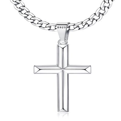 MILACOLATO 925 Sterling Silver Cross Necklace for Men Women - 5mm Durable 316L Stainless Steel Cuban Link Curb Chain with Beveled Edge Cross Pendant, Silver Crucifix Necklaces Jewelry, 20" Christian Baptism Gift