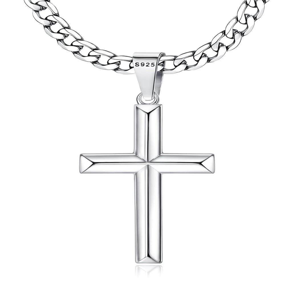 MILACOLATO 925 Sterling Silver Cross Necklace for Men Women - 5mm Durable 316L Stainless Steel Cuban Link Curb Chain with Beveled Edge Cross Pendant, Silver Crucifix Necklaces Jewelry, 20" Christian Baptism Gift