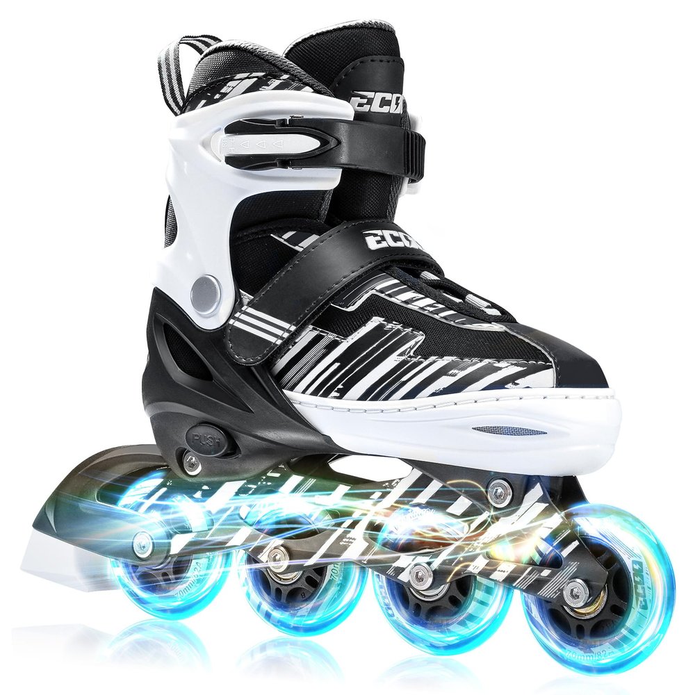 ECOO Adjustable Inline Skates Boys and Girls with Light up WheelsRoller Skates for Kids Ages 4-12, Teen Skates for Beginner Outdoor and Indoor (White, Large-Youth3-6 US)