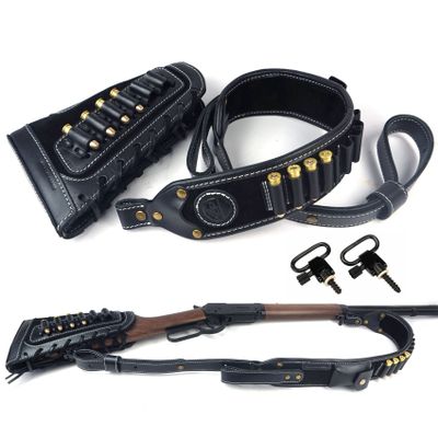 Leather Cartridge Sling with Buttstock Ammo Holder for Rifles .30-06, .45-70, .308, 410GA (Black Suit)