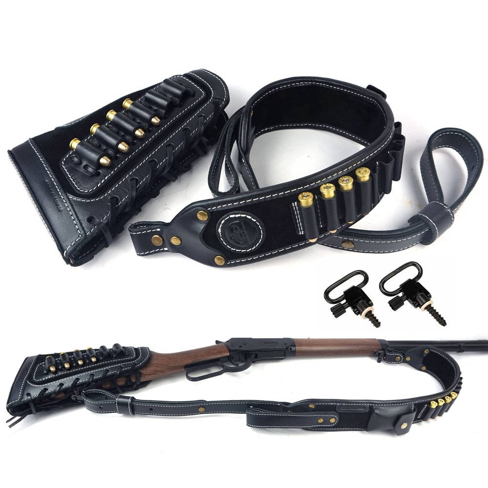 Leather Cartridge Sling with Buttstock Ammo Holder for Rifles .30-06, .45-70, .308, 410GA (Black Suit)