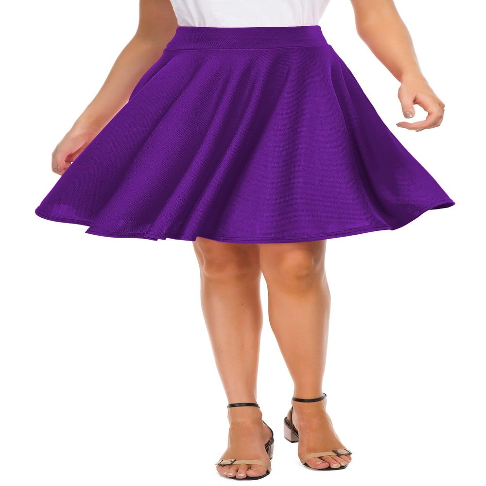 EXCHIC Women's Casual Stretchy Flared Mini Skater Skirt Basic A-Line Pleated Midi Skirt (L, Deep Purple)