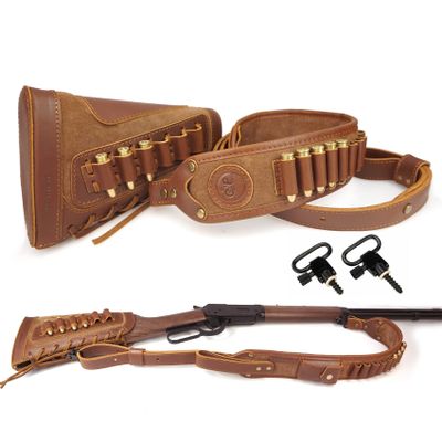 Leather Cartridge Sling with Buttstock Ammo Holder for Rifles .30-06, .45-70, .308, 410GA (Brown Suit)
