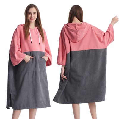 MUTAO Color Blocking Surf Poncho Changing Towel,3/4 Sleeve Changing Robe with Hood for Surfing Swimming Water Sports (Pink+grey)