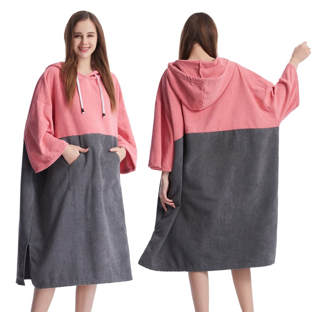 MUTAO Color Blocking Surf Poncho Changing Towel,3/4 Sleeve Changing Robe with Hood for Surfing Swimming Water Sports (Pink+grey)