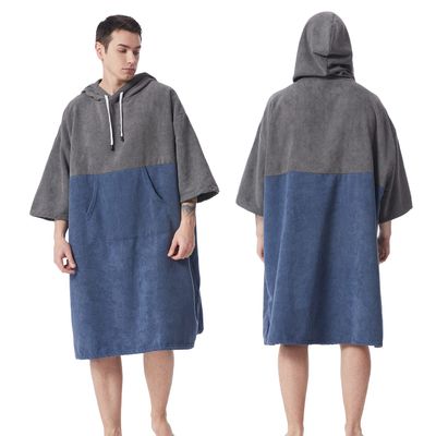 MUTAO Color Blocking Surf Poncho Changing Towel,3/4 Sleeve Changing Robe with Hood for Surfing Swimming Water Sports(Grey+Navy)