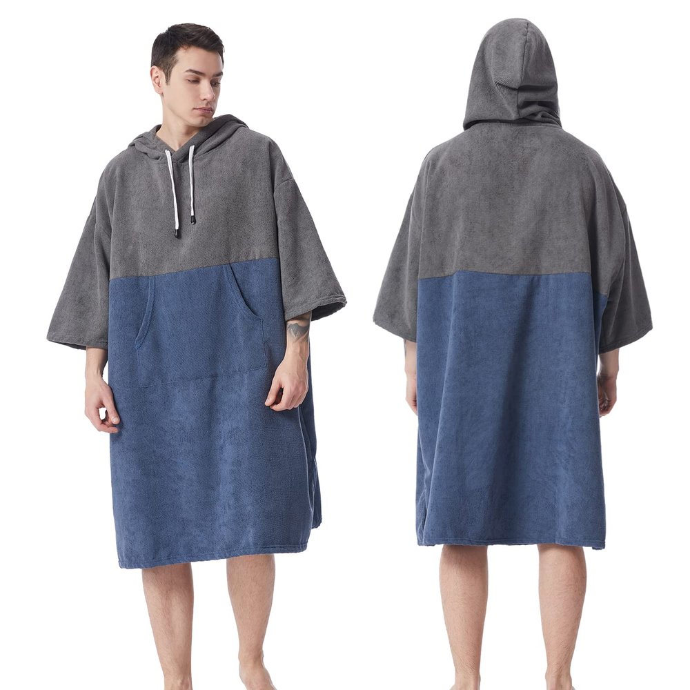MUTAO Color Blocking Surf Poncho Changing Towel,3/4 Sleeve Changing Robe with Hood for Surfing Swimming Water Sports(Grey+Navy)