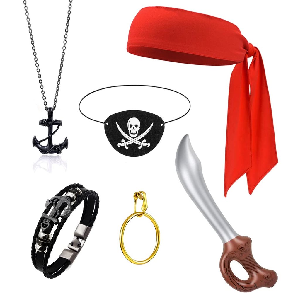 FUEAWIM 6 Pcs Pirate Accessories Set - Bandana Headband, Captain Eye Patch, Role Play Dress Up Kit for Halloween, Party Favor Costume