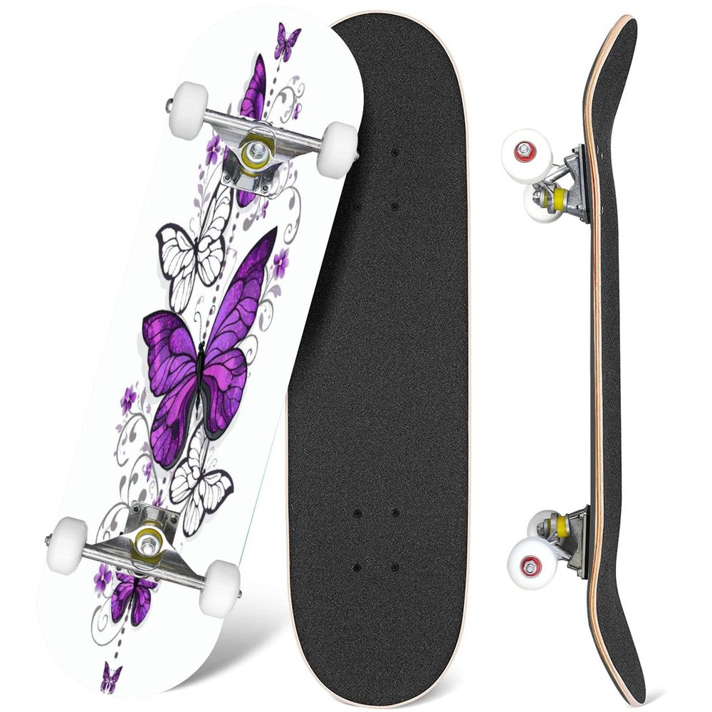 Skateboards Composition of Purple Pink Butterflies Morpho and White Butterflies Classic Concave Skateboard Cool Stuff Teen Gifts Longboard Extreme Sports for Beginners and Professionals