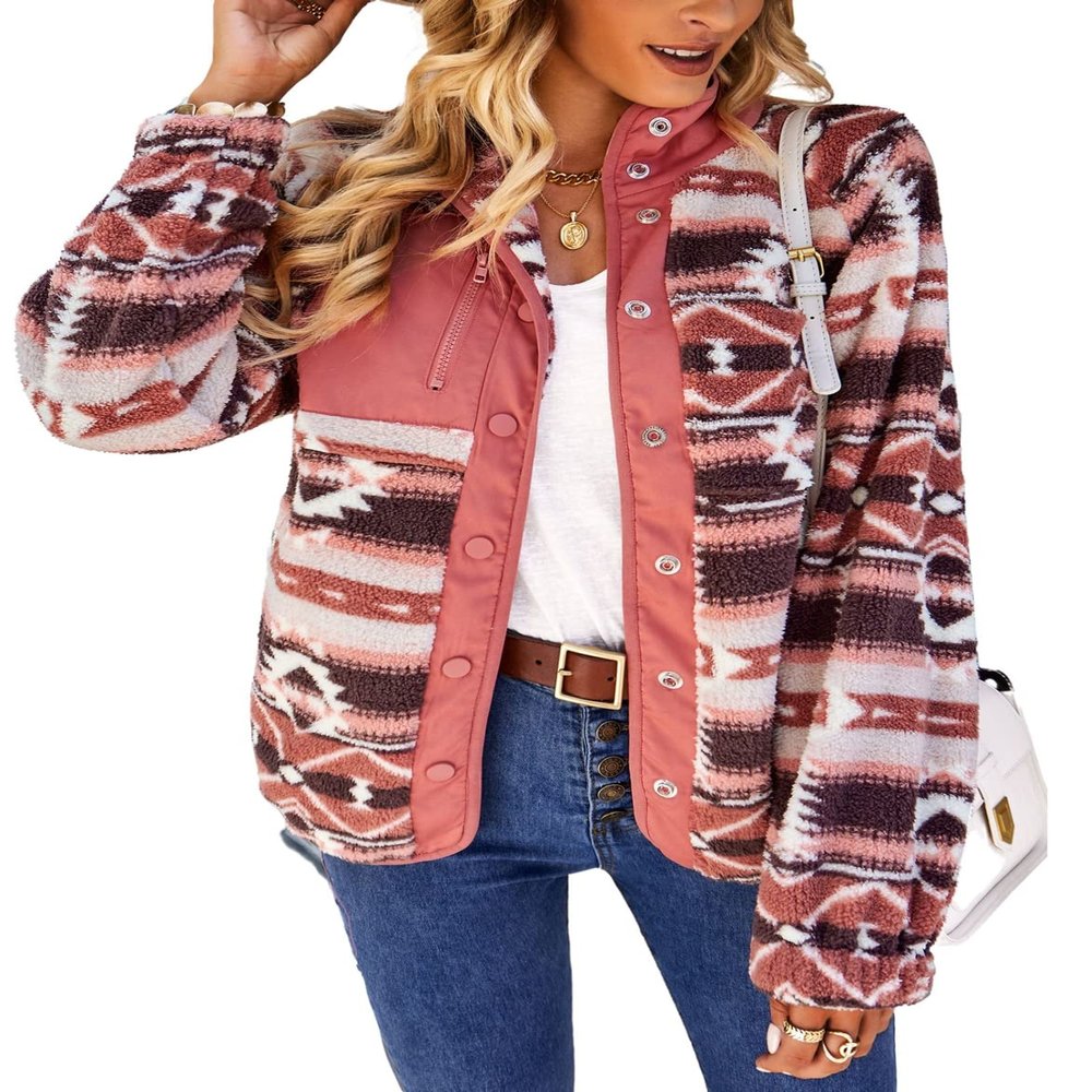 chouyatou Women's Fleece Jacket Tribal Aztec Print Long Sleeve Button Down Shacket Jacket Coats (Small, Pink)