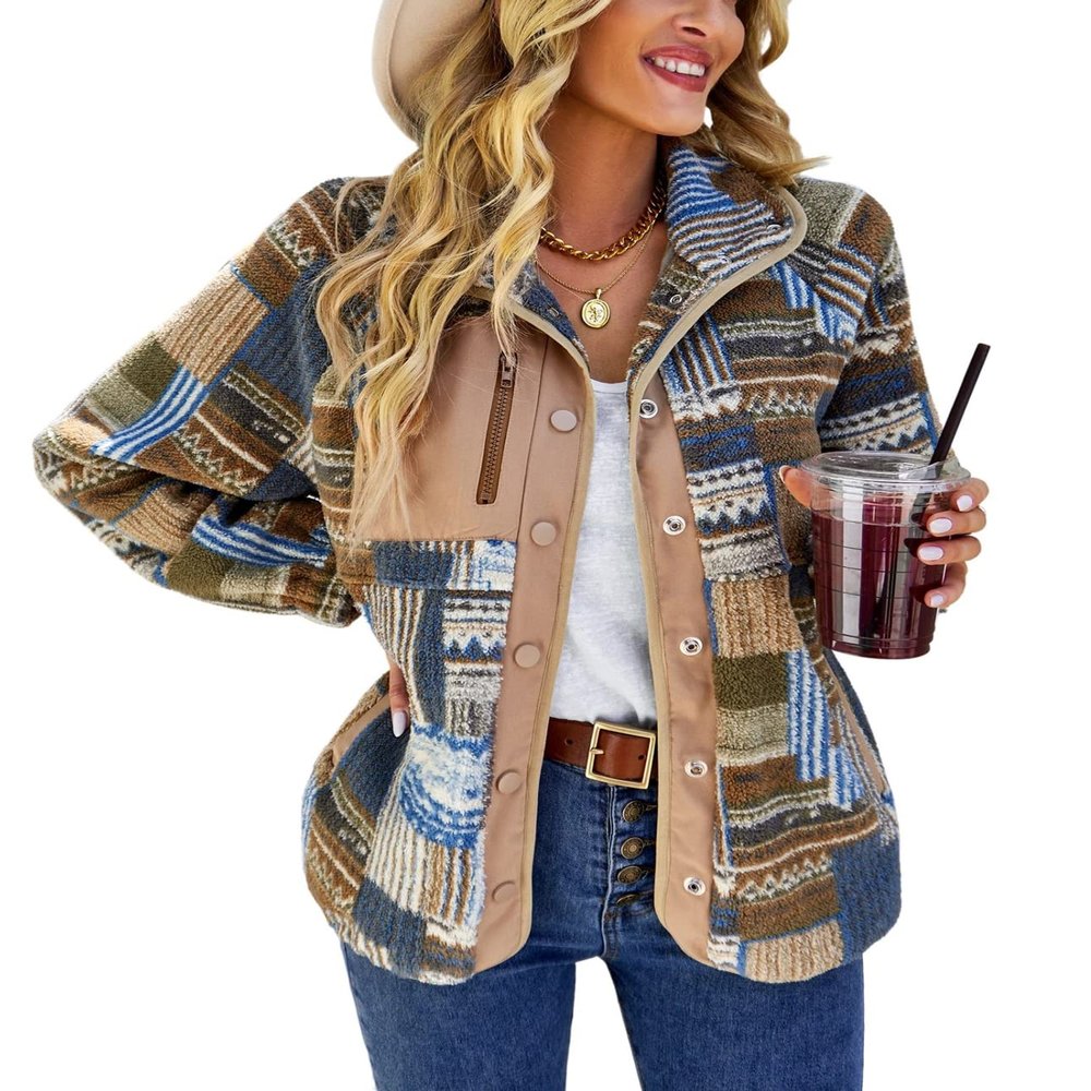 chouyatou Women's Fleece Jacket Tribal Aztec Print Long Sleeve Button Down Shacket Jacket Coats (Small, Brown)