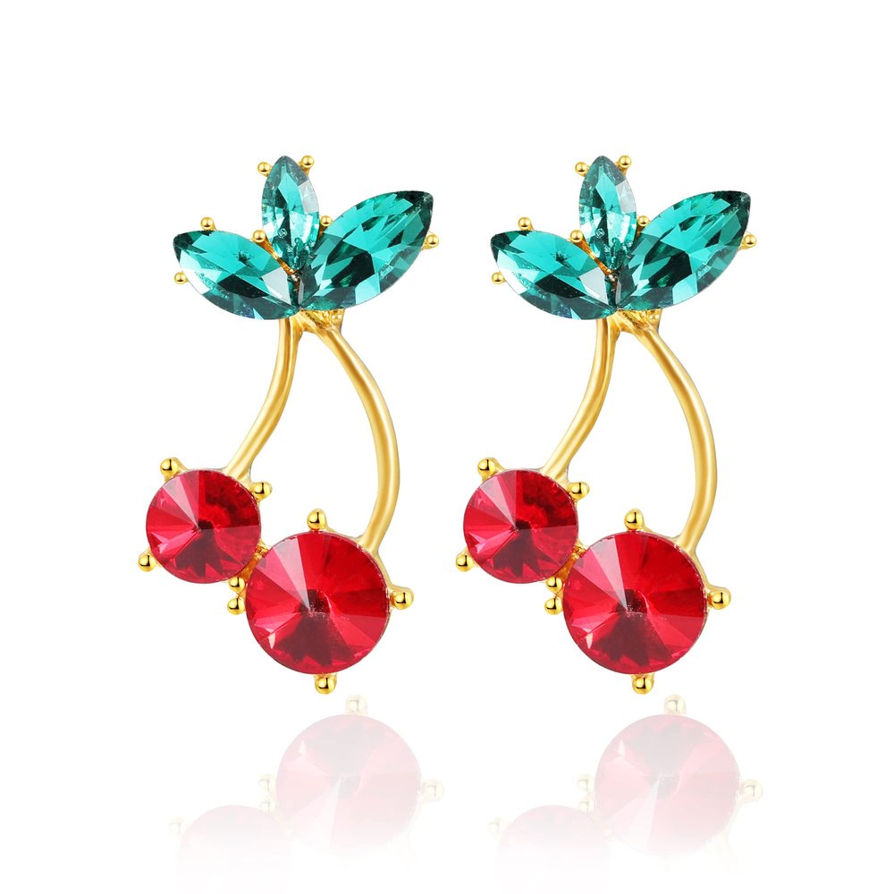 Cherry Fruit Earrings for Women and Teen, Cute Kawaii Creative Green Leaf 3D Red Dangle Clip On Drop Studs Cherry Earrings Accessories Charms Jewelry Summer Beach Gold Cubic Zirconia