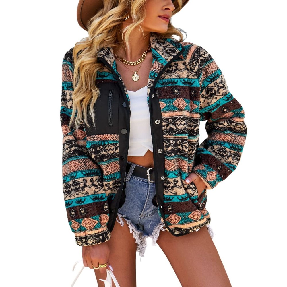 chouyatou Women's Fleece Jacket Tribal Aztec Print Long Sleeve Button Down Shacket Jacket Coats (Small, Black)