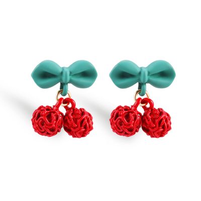 Cherry Fruit Earrings for Women, Cute Kawaii Creative Green Leaf 3D Red Dangle Clip On Drop Studs Cherry Earrings Accessories Charms Jewelry Summer Beach Silver