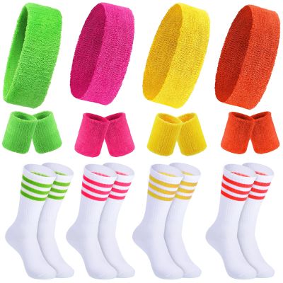 Hillban Sweatband and Stripe Sock Set Neno Wrist Sweat Band Sport Headband Wristband for Men Women 80s Party Accessories(4 Set,80's Color)