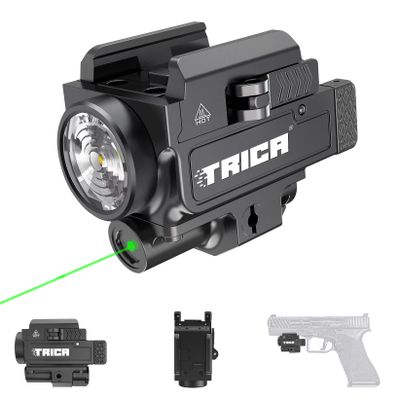 trica 800 Lumens Compact Green/Red Laser Light Combo, Compact Rechargeable Tactical Flashlight with Green Beam Quick Release Strobe Function Laser Light Combo with 1913 or GL Rail, Built-in Batter