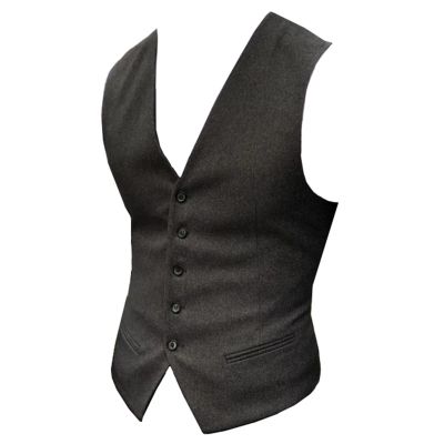 Men's Formal 5 Button Tweed Suit Vest Groom's Herringbone Black Burgundy Jacket Waistcoat for Work Wedding Banquet (Color : Black, Size : Medium)