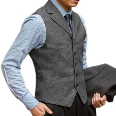 Mens Formal Herringbone Dress Waistcoat Notch Lapel Tweed Casual Suit Vest for Father Husband Son Gift (Color : Gray, Size : X-Large)