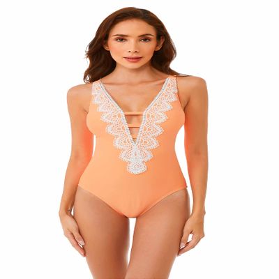 BCA by Rebecca Virtue Destination - Women's One Piece Swimsuit with Plunge Neckline and Crochet Trim, Adjustable Back Strap, Bathing Suits for Women, Tropical Orange, Small
