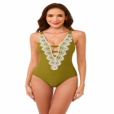 BCA by Rebecca Virtue Destination - Women's One Piece Swimsuit with Plunge Neckline and Crochet Trim, Adjustable Back Strap, Bathing Suits for Women, Olive, Small