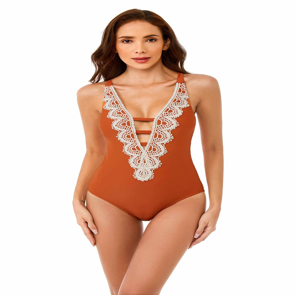 BCA by Rebecca Virtue Destination - Women's One Piece Swimsuit with Plunge Neckline and Crochet Trim, Adjustable Back Strap, Bathing Suits for Women, Burnt Orange, Small