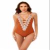 BCA by Rebecca Virtue Destination - Women's One Piece Swimsuit with Plunge Neckline and Crochet Trim, Adjustable Back Strap, Bathing Suits for Women, Burnt Orange, Small view 1