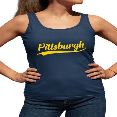 Go All Out Large Navy Blue Women Fitted City of Pittsburgh Pennsylvania Pride Fashion Script Sleeveless Tank Top T-Shirt