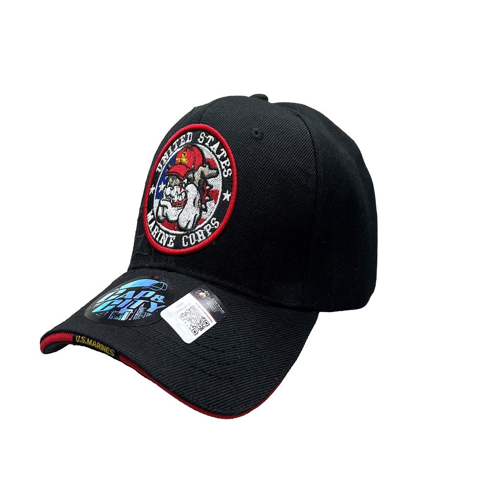 Ashen Fane Marine Premium 6 Panel Adjustable Veteran Baseball Cap, Black with Bulldog Mascot