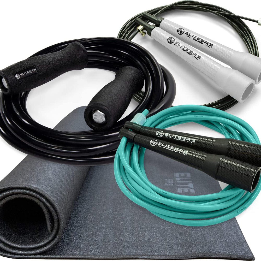 Elite Jumps, Adult Jump Ropes for Fitness, Cardio Training Bundle - 3 Jump Ropes With Jump Rope Mat Professionally Curated for Developing a Cardio Workout Routine.