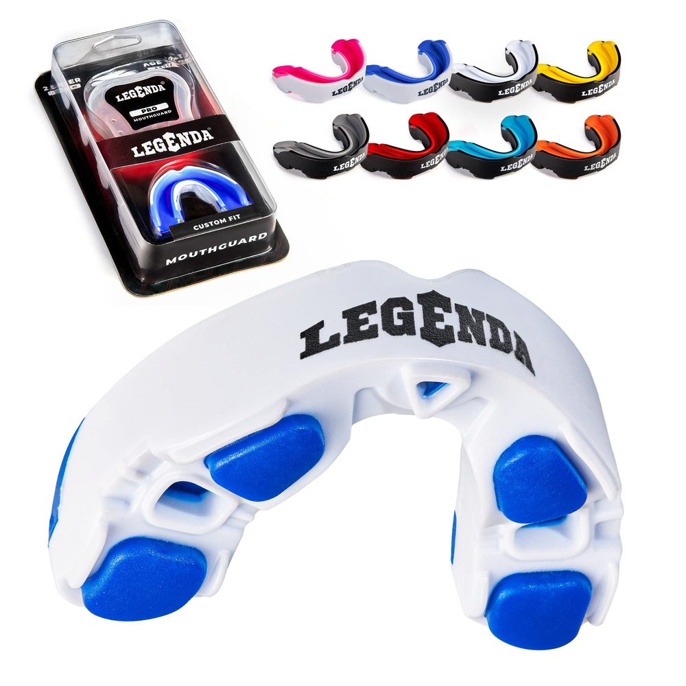 Legenda Mouth Guard Sports w/Case, Professional Mouthguard for Boxing, Football, Hockey, Jiu Jitsu, Muay Thai, MMA, Wrestling and High Contact Sports, Fits Adults, Youth, Kids 11+ (White/Blue)