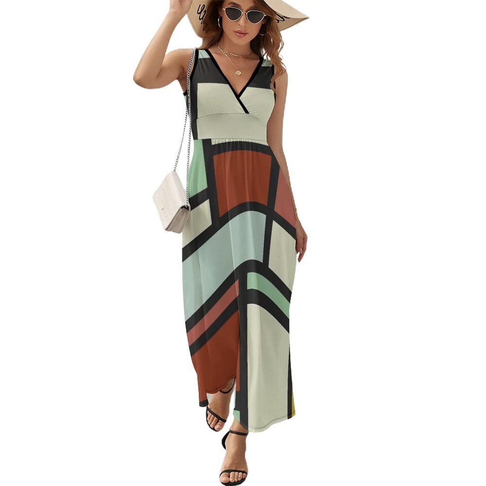BAIKUTOUAN Mondrian Geometric Shapes Women's Swing Dress Sleeveless Long Maxi Dress Tank Dresses XL