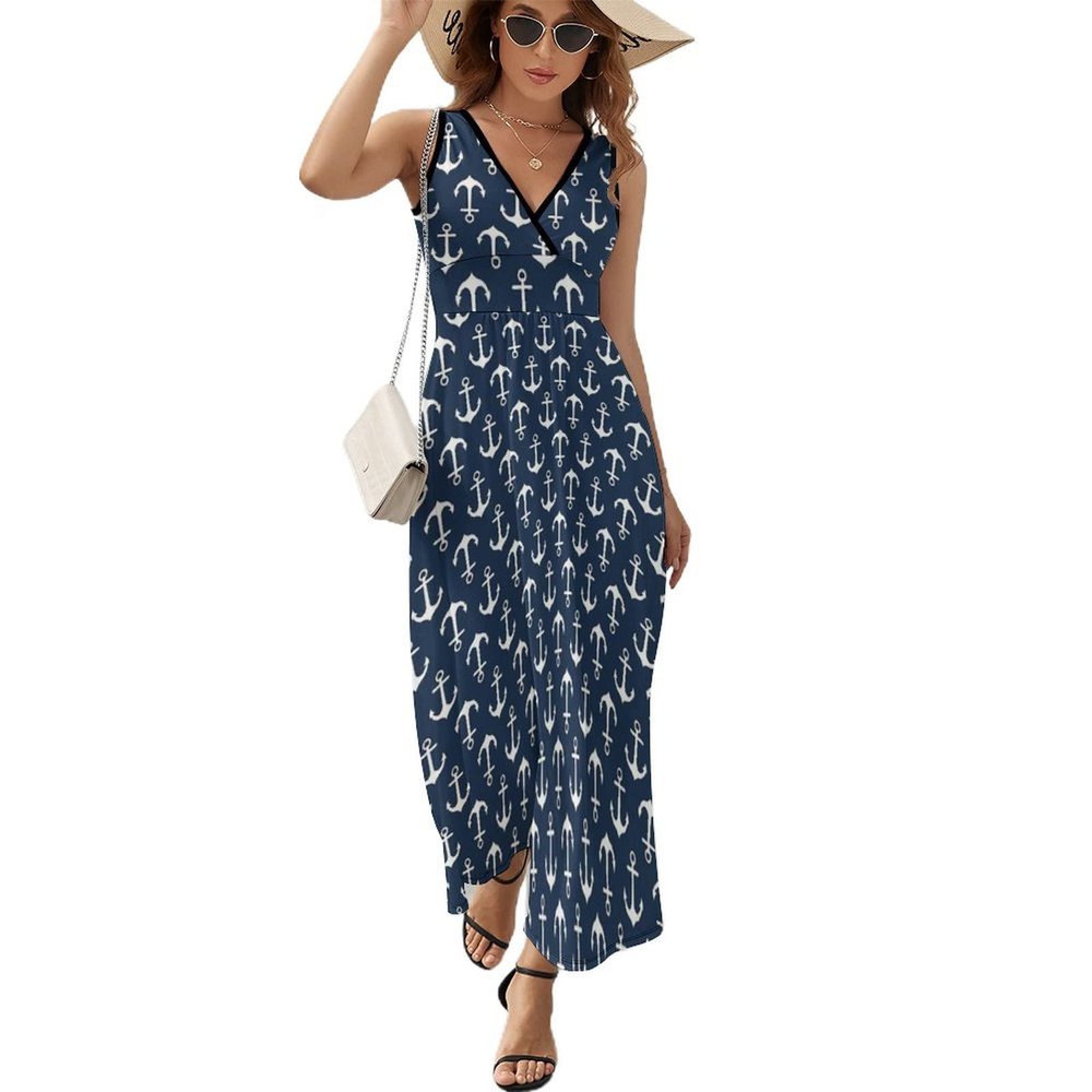 BAIKUTOUAN Nautical Anchors Women's Swing Dress Sleeveless Long Maxi Dress Tank Dresses L