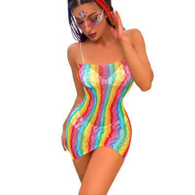 Women's Fishnet Dress Swimwear Bikini Mesh Lingerie Dancewear Fishnet Set Rainbow Dress Fishnet Cover Up Dress Stretchy Swimsuit for Women Exotic Dancewear Tube Top Dress one Size