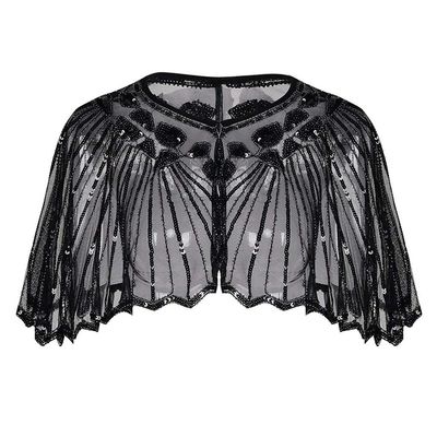 Fall Clothes Junior Girls Sequin Flapper Cover up 1920s Shawl Women's Bolero Cape Evening Beaded (Black, One Size)