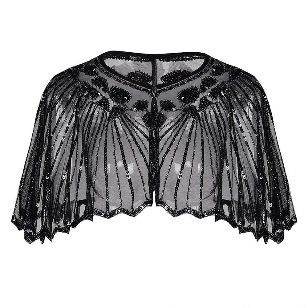 Fall Clothes Junior Girls Sequin Flapper Cover up 1920s Shawl Women's Bolero Cape Evening Beaded (Black, One Size)