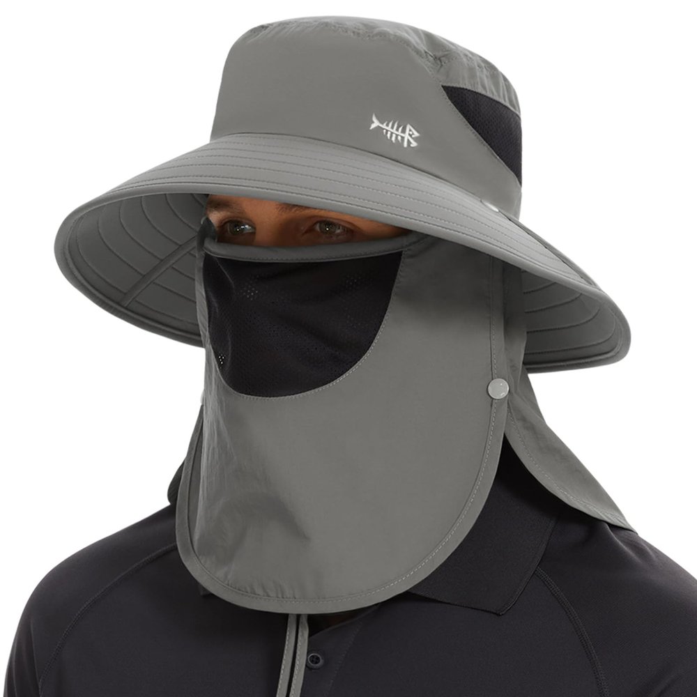 BASSDASH UPF 50+ Breathable Sun Hat with Removable Face Cover and Neck Flap Wide Brim Bucket Hat for Fishing Hiking Men Women Light Grey
