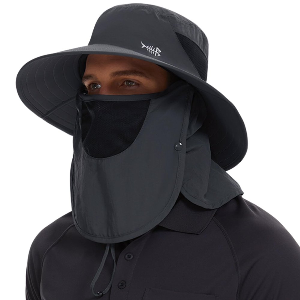 BASSDASH UPF 50+ Breathable Sun Hat with Removable Face Cover and Neck Flap Wide Brim Bucket Hat for Fishing Hiking Men Women Dark Grey
