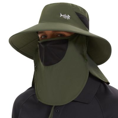BASSDASH UPF 50+ Breathable Sun Hat with Removable Face Cover and Neck Flap Wide Brim Bucket Hat for Fishing Hiking Men Women Army Green
