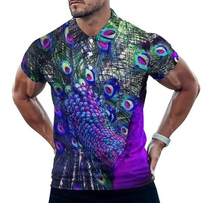 Beautiful Peacock Open Screen Men's Golf Polo-Shirt Casual Short Sleeve T-Shirt Classic Slim Fit Tee Tops 5XL